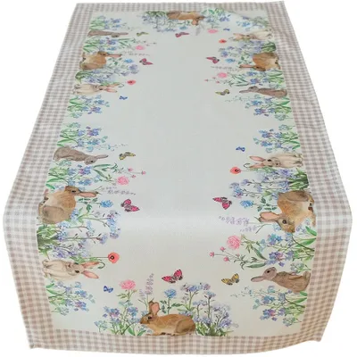 Produktbild von Tischläufer Osterhasen & Wiese Ostern mit Karo Bordüre 90x40 cm