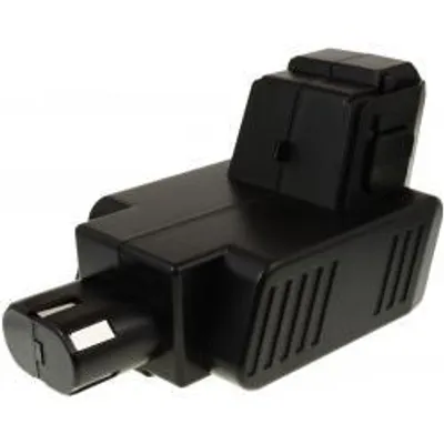 A black battery pack for a power tool, shown from a side angle against a white background.