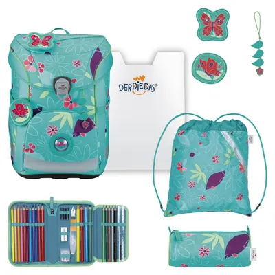 Productafbeelding van DerDieDas schooltas ErgoFlex Easy Set 6-delig Butterfly Garden turquoise