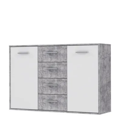 Image de PILVI Buffet bas 2 portes 4 tiroirs - Béton blanc et gris clair - L 122,6 x P 34,2 H 88,1 cm