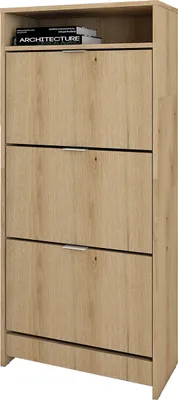 A tall, narrow shoe cabinet with three flip-down doors, made of wood-effect material, shown against a white background.