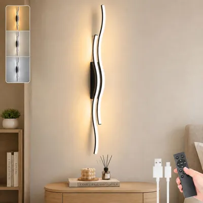 Produktbild von Wellenlinie Wandleuchte Innen Akku 100 cm, kabellos LED Wandlampe, 3000-6500K, dimmbar, Fernbedienung, Modernes, 2er Pack für Wohnzimmer/Schlafzimmer/Flur/Treppenhaus
