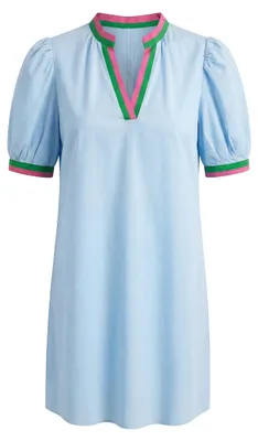 Produktbild von Blaues Kleid mit V-Ausschnitt und kurzen Puffärmeln, Größe L