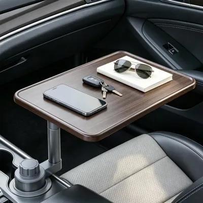 Imagen del producto de Mesa giratoria de 360° para coche, de madera, con portavasos, multifuncional, para uso en el automóvil y en el trabajo