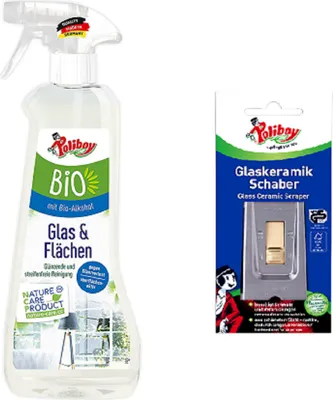 Produktbild von Poliboy Bio Glasreiniger 500 ml + Glaskeramik Schaber