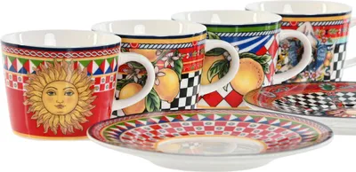 Obrázek produktu pro Sada šálků a talířů Home ESPRIT Žlutý červený porcelán 12,5 x 12,5 x 1,5 cm (4 ks)