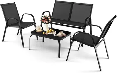 Immagine prodotto di Set per balcone, set di mobili da giardino per 4 persone, composto da 2 sedie, 1 panchina e 1 tavolino, ideale per balconi e terrazze (colore: nero)