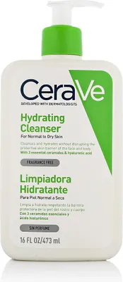 A white bottle of CeraVe Hydrating Cleanser with a green pump dispenser.