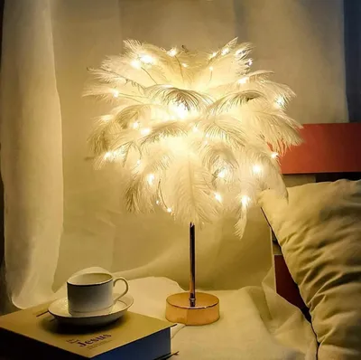 Produktbild von Feder-Tischlampe, Feder-Lampenschirm, LED-Nachtlampe, Nachttisch-Nachtlichter mit Fernbedienung, USB, doppelter Verwendungszweck, Feder-Schreibtischlampe（Weiß）