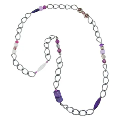 Produktbild von Kette Kunststoffperlen lila kristall altsilberfarben Weitpanzerkette Aluminium dunkelgrau 95cm lila 95