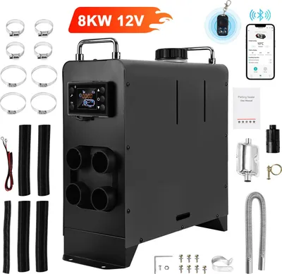 Productafbeelding van Bettizia Dieselstandkachel, 8 kW, luchtverwarmer, luchtverwarmingssysteem, dieselverwarming, 12V/24V, geschikt voor auto, camper, vrachtwagen, bus, met LCD-schakelaar en app-bediening, zwart