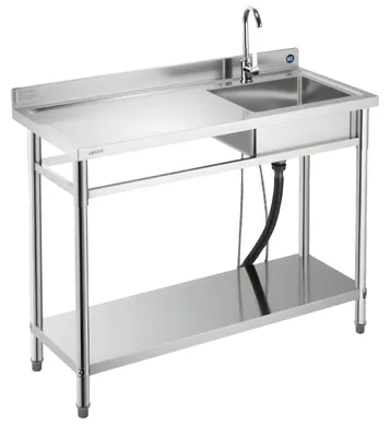 Produktbild von VEVOR Edelstahl Utility Sink, 1 Fach Freistehendes kleines Waschbecken mit Werkbankarmatur & Beinen, 100,1 x 48,5 x 95 cm Gewerbliche Einzelbecken für Garage, Restaurant, Wäscherei, NSF-, 120 cm, Linkes Abtropfbrett/Eine Schüssel/Eine Schicht