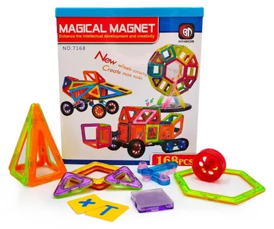 Zdjęcie produktu dla Magical Magnet – klocki magnetyczne – 168 elementów (elementy o długości 4–23 cm, 30 instrukcji w formacie A5, tworzywo sztuczne z magnesami neodymowymi) – kreatywna zabawka edukacyjna STEM dla dzieci w wieku od 3–4 lat,