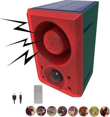 Image de Alarme pour capteur de mouvement solaire à l'extérieur à l'extérieur, aboyer chien de tir, 130 dB générateur de bruit fort, 3 modes de travail USB -Strobe -Lumière, dire oeuf