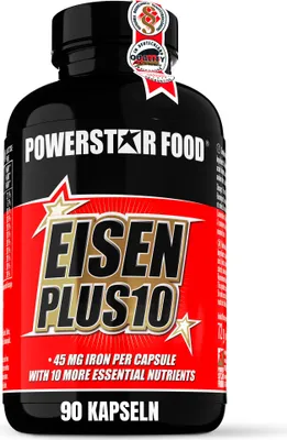 Produktbild von Powerstar EISEN PLUS 10 | 90 Eisen-Kapseln mit Jod, natürlichem Vitamin C & Vitamin B Komplex | Vegan & hochdosiert mit 45 mg Eisen pro Kapsel