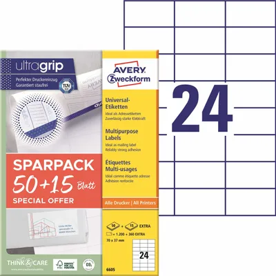 Produktbild von Avery Zweckform 6605 Universal-Etiketten, A4 mit ultragrip, Adressaufkleber, 70 x 37 mm, 65 Bogen/1.560 Etiketten, weiß