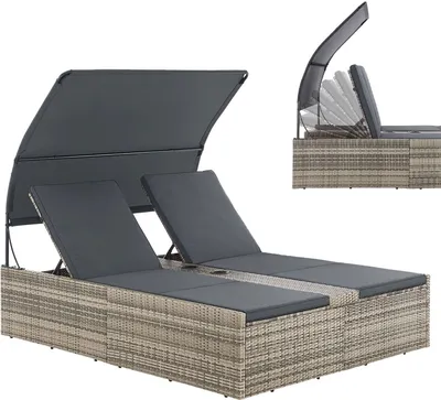A double sun lounger with a canopy and cushions, shown from the front.