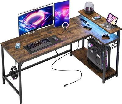 Productafbeelding van Ibenzoa® L-vormige multifunctionele bureau met 3 stopcontacten & 2 USB-poorten, RGB-LED-verlichting (7 kleuren, 22 modi), monitorhouder, 147,5×80×91,5 cm