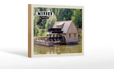 Produktbild von Holzschild Städte Minden Schiffsmühle Fluss Dekoration 18x12 cm