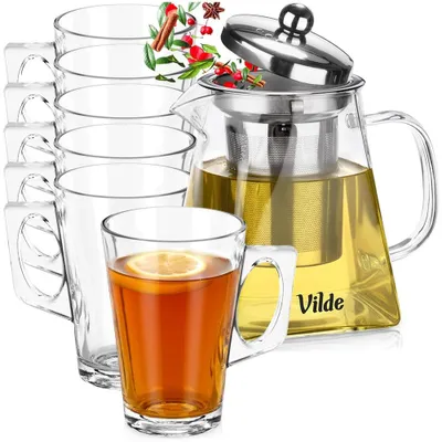 Immagine prodotto di Vilde | Teiera con filtro 490 ml - Teiera in vetro con 6 bicchieri 255 ml - Lavabile in lavastoviglie