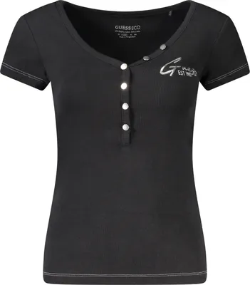 Produktbild von Damen Schwarz Kurzarmshirt aus Baumwolle mit V-Ausschnitt.