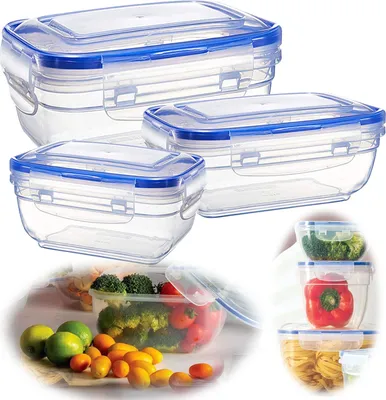 A collage of images showing clear plastic food storage containers with blue lids, some filled with food like broccoli, tomatoes, and pasta.