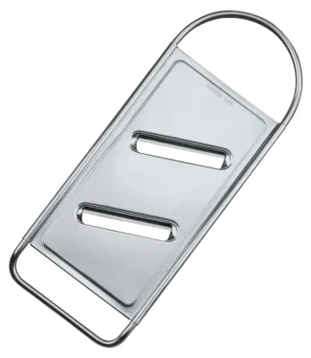 A stainless steel grater with two rectangular slots and a curved handle, presented on a white background.