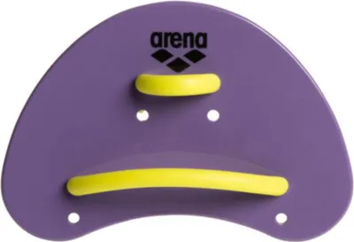 A purple swim paddle with yellow hand straps and the Arena logo.