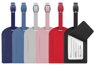Zdjęcie produktu dla 6 sztuk breloczków do bagażu wykonanych z sztucznej skóry, z możliwością umieszczenia adresu, zapewniających ochronę prywatności, dostępne w 6 kolorach