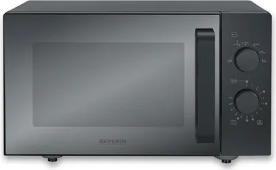 A black Severin microwave oven is shown against a light gray background.