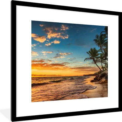 Produktbild von MuchoWow® Gerahmtes Poster Strand - Sonnenuntergang - Meer - Palme 40x40 cm - Poster mit Schwarzem Bilderrahmen Wandposter Rahmen Foto Bilder - Poster - Plakat im Rahmen