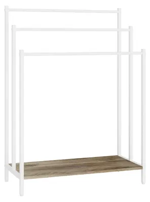 Immagine prodotto di Portasciugamani Relaxdays con ripiano, L x P x A: 82,5 x 60 x 28 cm, effetto legno, 3 aste, portasciugamani da appoggio, naturale/bianco, Immagine generata dall'IA