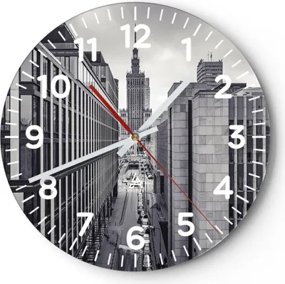 Produktbild von Wanduhr - Rund - Glasuhr - Warschau Palast Kultur - 40x40cm - Schleichendes Uhrwerk - Lautlos - zum Aufhängen bereit - Dekoration Modern - Wanddekoration aus Glas - C4AR40x40-4382