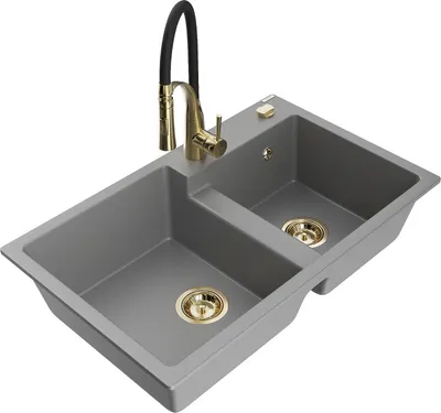 Produktbild von Mexen Tomas 2-Becken-Granitspüle mit Mischbatterie Aster, Grau - 6516-71-73450-57-G