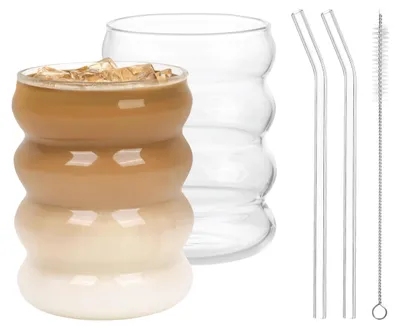 Obrázek produktu pro Omgoods – Sklenice na nápoje o objemu 410 ml – Jedinečný design ve tvaru koblihy s bublinkami – Skleněné brčka – Bez BPA – Obsahuje kartáček na čištění brček – Elegantní zážitek z pití