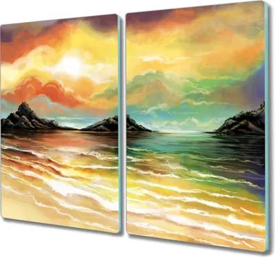 Produktbild von Coloray Hackbrett Kochplattenabdeckung Herdabdeckplatte 2x30x52 cm Schneidebrett Küchenbrett - Wellen Sonnenuntergang