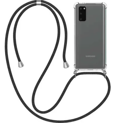 A clear product shot of a phone case with a lanyard attached.