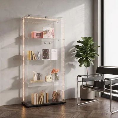 Produktbild von INONEFT Glasvitrine Standvitrine in Schwarz mit LED, Glasvitrine Stehend mit 4 Glasböden & 2 türen abschließbar, Vitrinenschrank Für Sammlerstücke