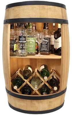 Image de Accueil Bar à bouteilles de vin Tonneau en bois avec éclairage LED, casier à bouteilles rabattable