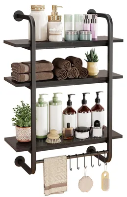 Wandregal 3 Ebenen Schwarz 60x22,5x82 cm mit Haken