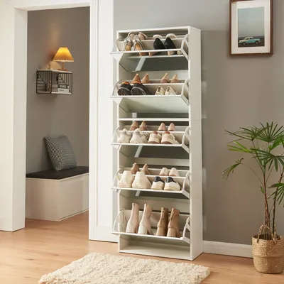 Produktbild von Schuhkipper 'Lund' mit 5 verspiegelten Klappen 169 x 60 x 24 cm Weiß