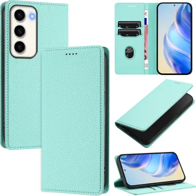 Produktbild von Litchi Leder Handyhülle für Samsung Galaxy S23 Wallet Kartenfächer Standfunktion Hülle Türkis