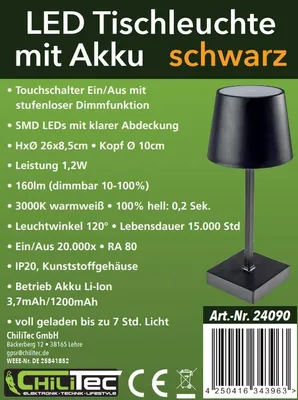 Produktbild von ChiliTec Tischleuchte Akku 26cm Dimmbar Led Tischlampe Licht Warmweiß aufladbar USB-C Touch Schalter kabellos Schwarz