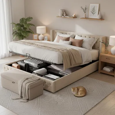 Produktbild von STILVORA Polsterbett 160×200cm Doppelbett,Hydraulisches Funktionsbett Jugendbett mit schmutzabweisenden schwarzen Vliesstoff,Beige(ohne Matratze)