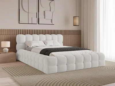 Produktbild von Chilly Möbel Design Bett Verona - Einzigartiges Polsterbett mit stabilem Metallrahmen, Bettkasten, Lattenrost und markantem Kopfteil 140x200 cm / Bouclé / Weiß