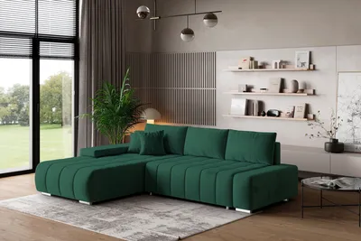 Zdjęcie produktu dla Masseno Narożnik ALESE L-S z funkcją spania i pojemnikiem na pościel Kształt L, Rozkładana sofa, Rogówka - Butelkowa zieleń, MONOLITH 37