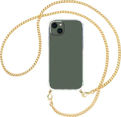Produktbild von Handykette Backcover-Schutzhülle mit Band (Metall goldfarben) für Apple iPhone 15 Plus - goldfarbene Kette