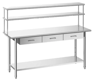 Productafbeelding van VEVOR Werkbank voor de horeca, 1829 x 610 x 1400 mm, roestvrijstalen tafel met onderplaat en 3 lades, en een dubbele bovenplaat. Professionele werkbank voor bereiding in restaurants, garages of keukens
