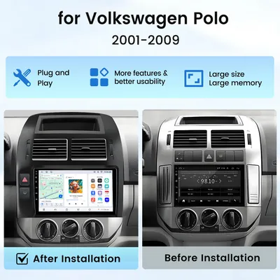 Produktbild von 9 "Android 15 Carplay Autoradio Für VW Polo 9N 2001-2009, 8+256GB, Wireless CarPlay & Android Auto, 4G WLAN GPS Navi BT DSP USB, 360° Kamera