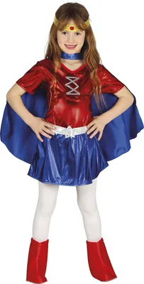 Productafbeelding van Superheldinnenkostuum voor meisjes, superheldenkleed in rood en blauw, maat: 140/146